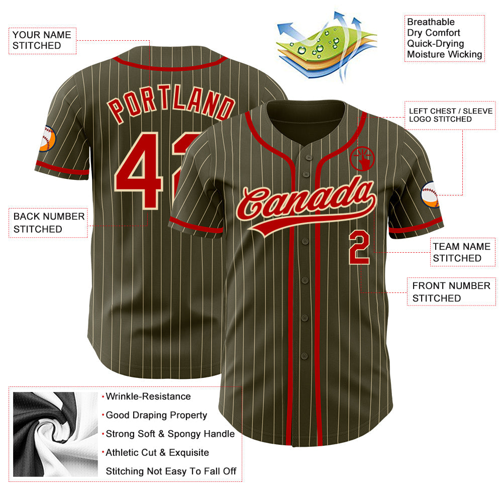Custom Olive City Cream Pinstripe Red Authentic Salute To Service Baseball Jersey baseball jersey product view 3