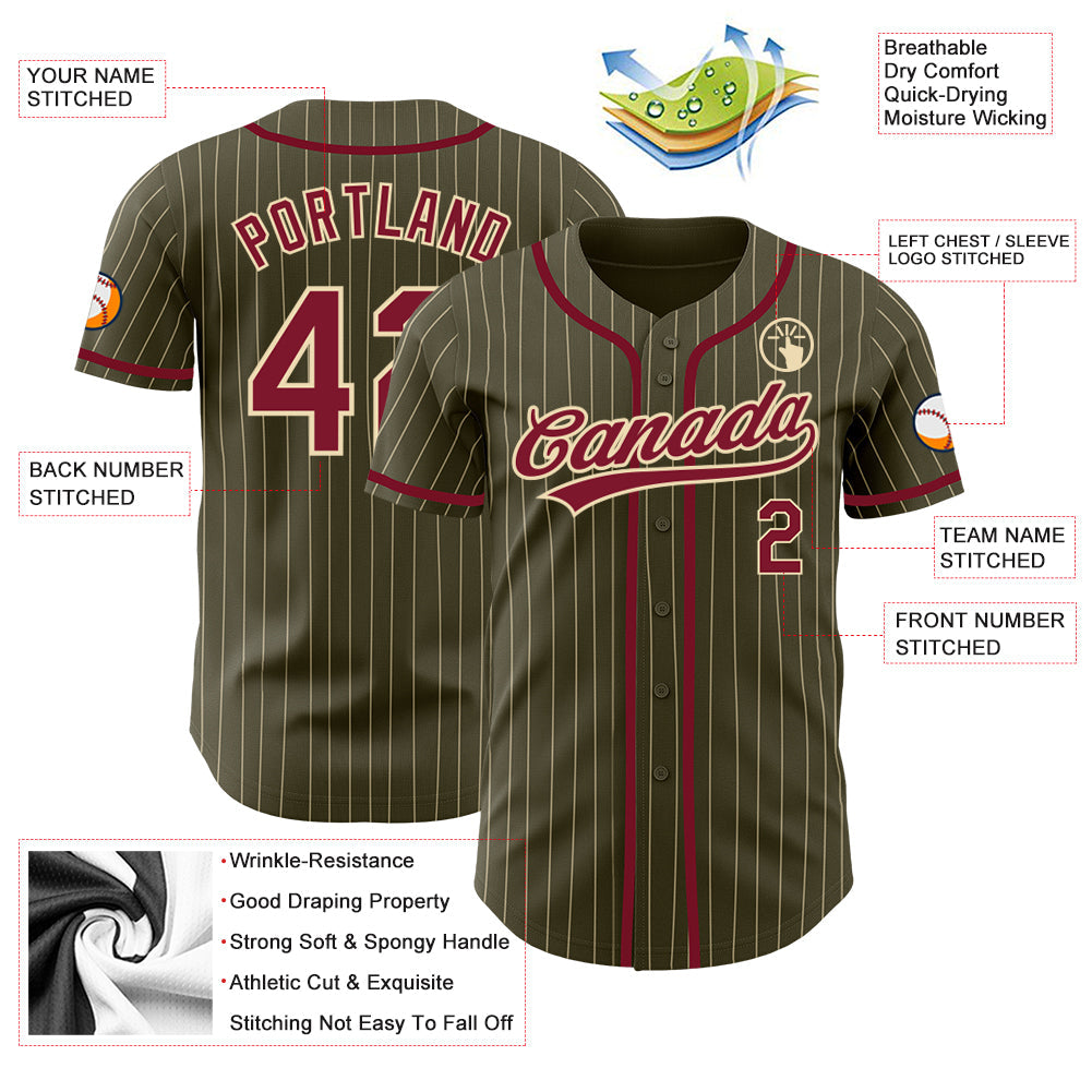 Custom Olive City Cream Pinstripe Crimson Authentic Salute To Service Baseball Jersey baseball jersey product view 3