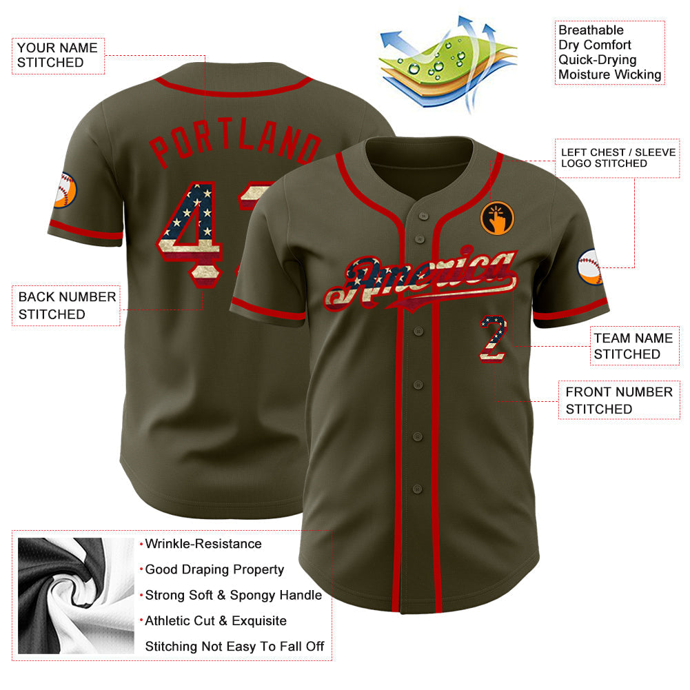 Custom Olive Vintage USA Flag-Red Authentic Salute To Service Baseball Jersey baseball jersey product view 3