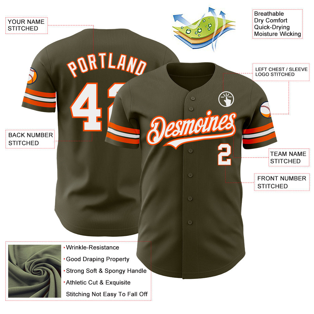 Custom Olive White-Orange Authentic Salute To Service Baseball Jersey baseball jersey product view 3