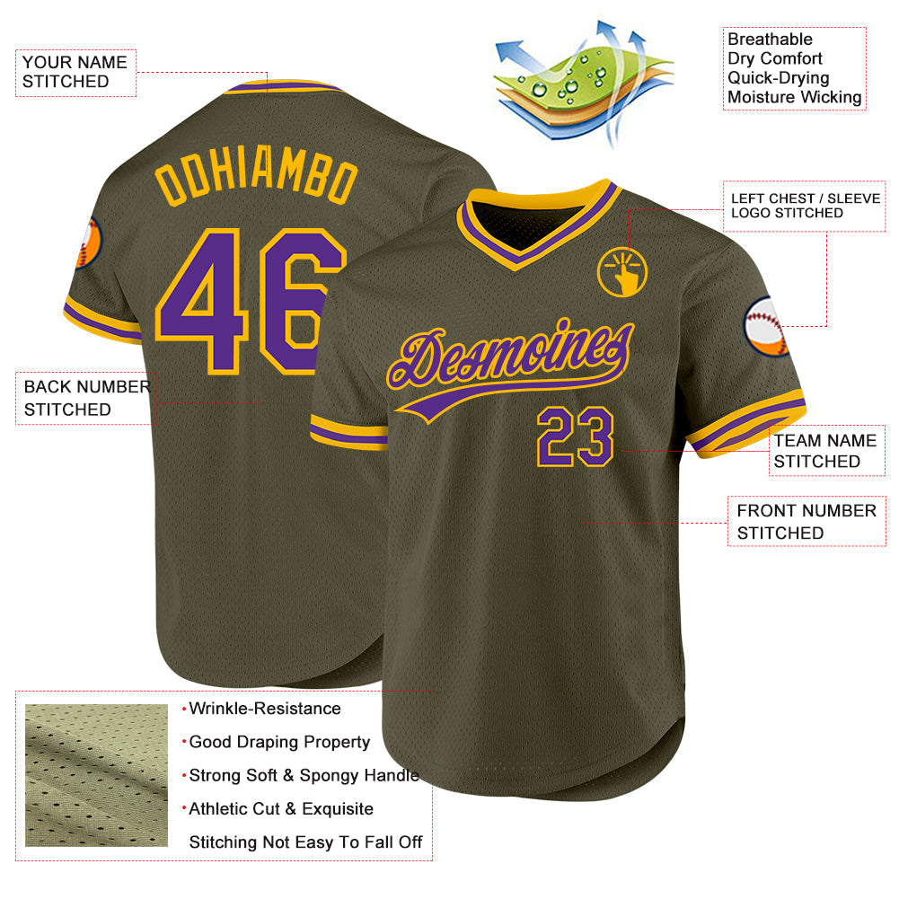 Custom Olive Purple-Gold Authentic Throwback Salute To Service Baseball Jersey baseball jersey product view 3
