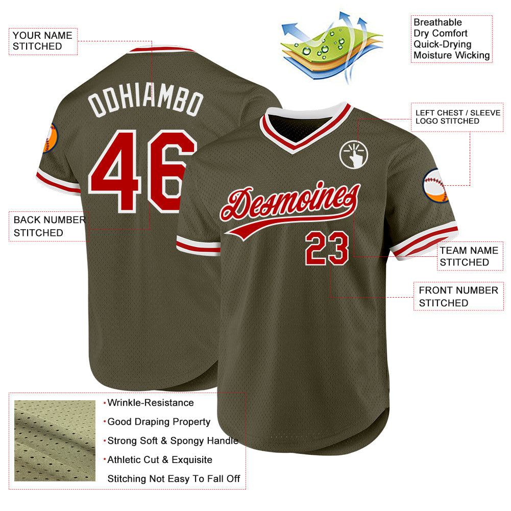 Custom Olive Red-White Authentic Throwback Salute To Service Baseball Jersey baseball jersey product view 3