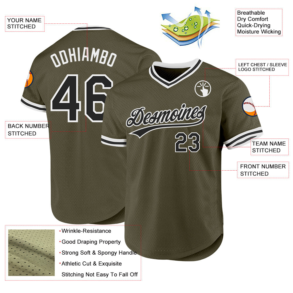 Custom Olive Black-White Authentic Throwback Salute To Service Baseball Jersey baseball jersey product view 3