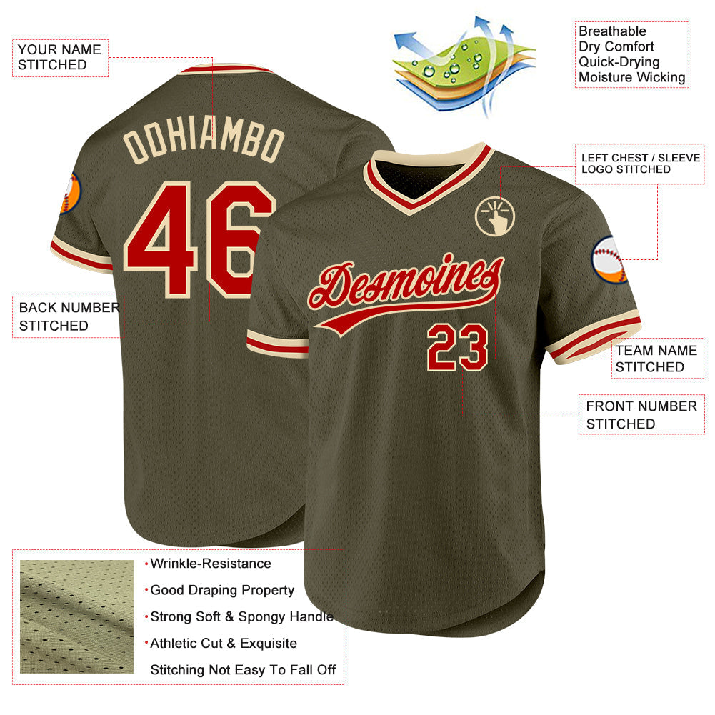 Custom Olive Red-Cream Authentic Throwback Salute To Service Baseball Jersey baseball jersey product view 3
