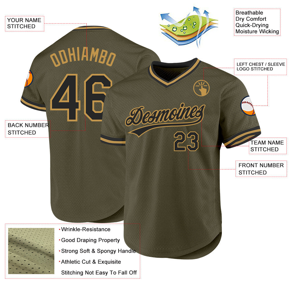 Custom Olive Black-Old Gold Authentic Throwback Salute To Service Baseball Jersey baseball jersey product view 3
