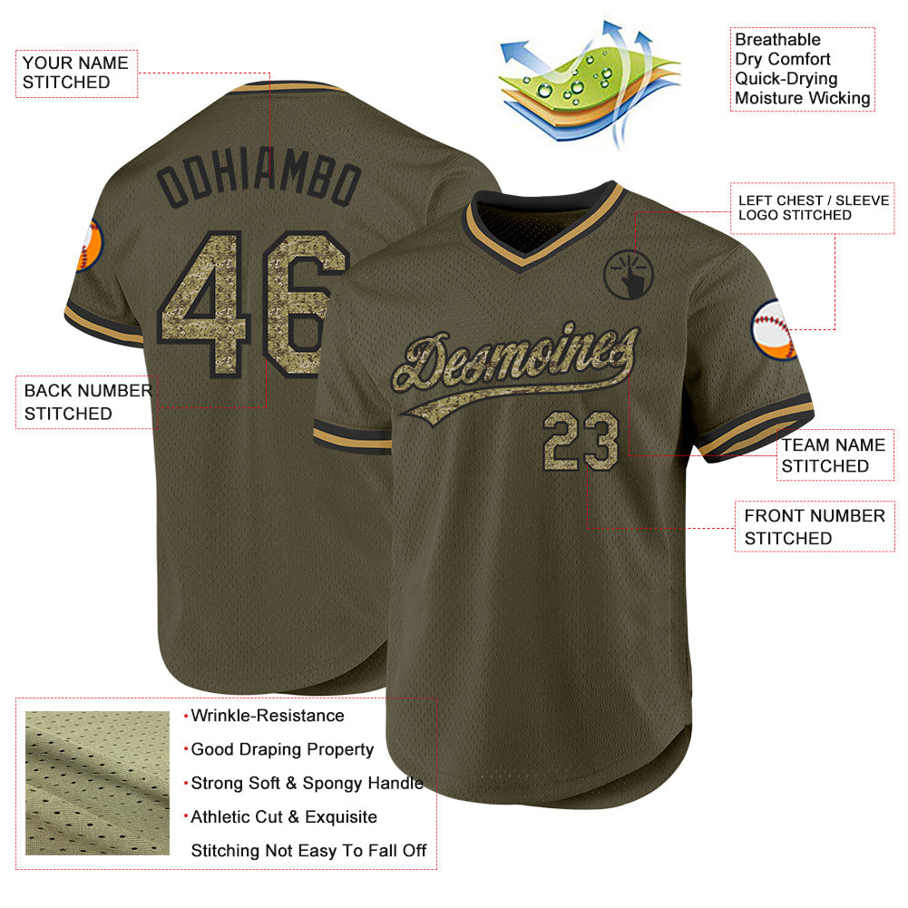Custom Olive Camo Black-Old Gold Authentic Throwback Salute To Service Baseball Jersey baseball jersey product view 3