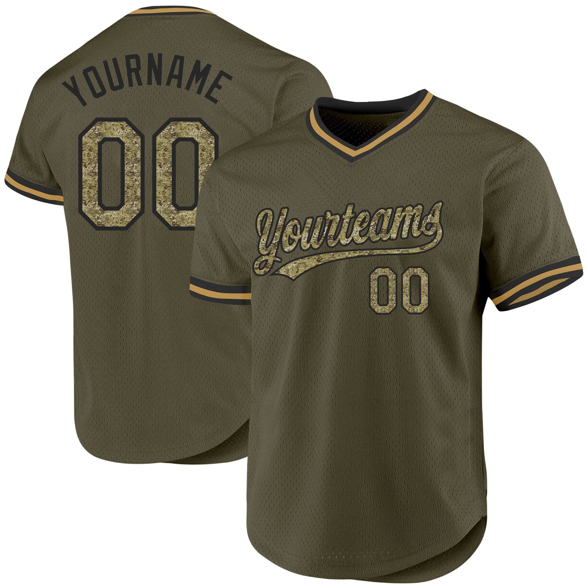 Custom Olive Camo Black-Old Gold Authentic Throwback Salute To Service Baseball Jersey baseball jersey product view 1