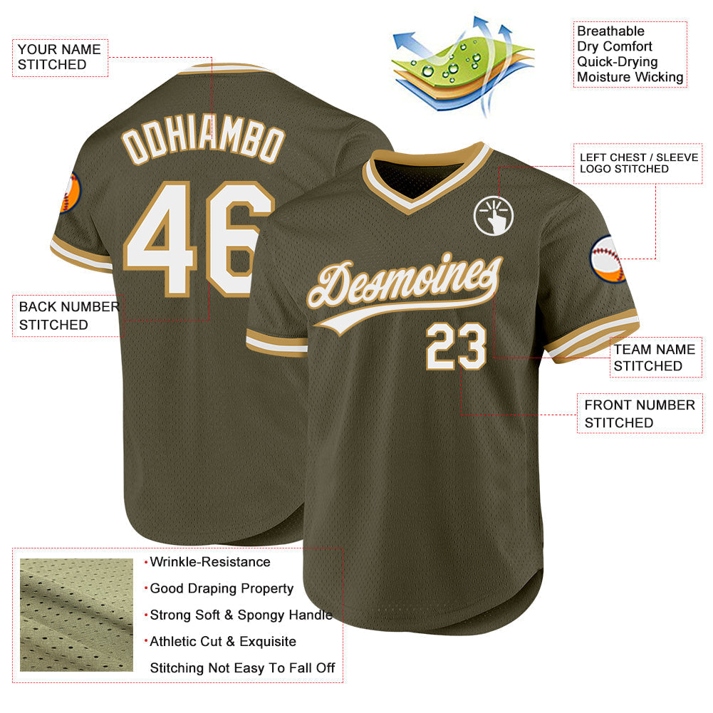 Custom Olive White-Old Gold Authentic Throwback Salute To Service Baseball Jersey baseball jersey product view 3