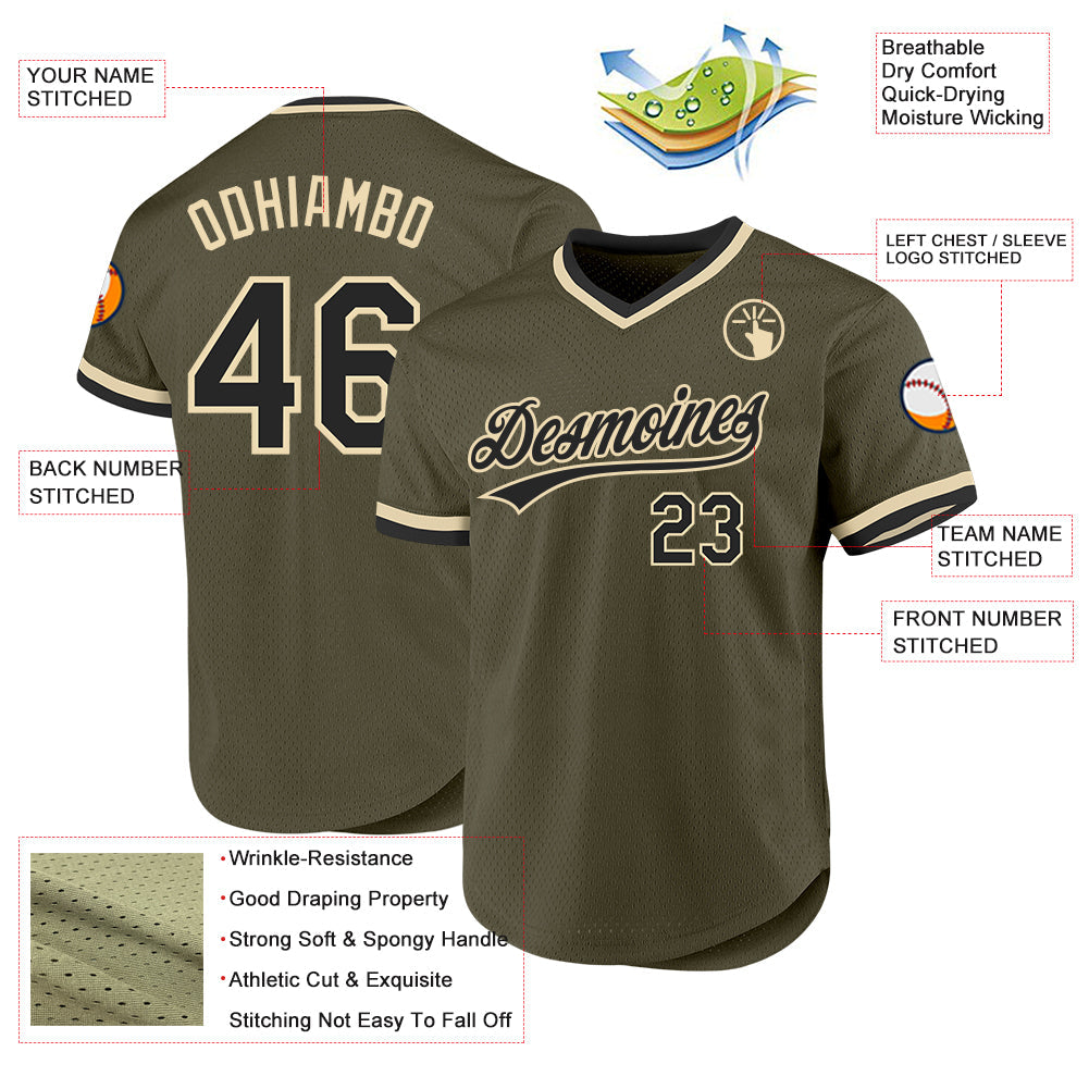 Custom Olive Black-Cream Authentic Throwback Salute To Service Baseball Jersey baseball jersey product view 3