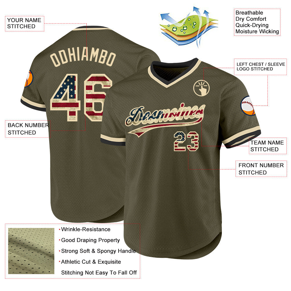 Custom Olive Vintage USA Flag Cream-Black Authentic Throwback Salute To Service Baseball Jersey baseball jersey product view 3