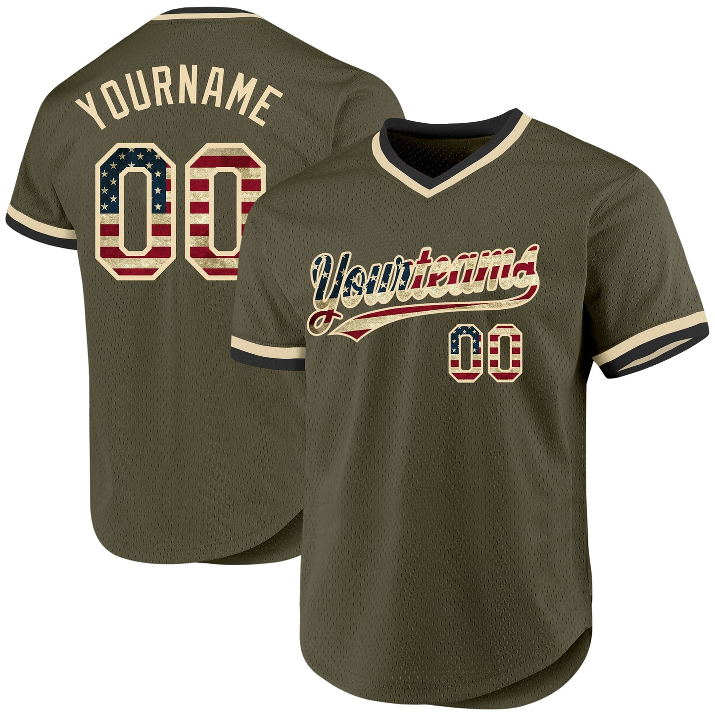 Custom Olive Vintage USA Flag Cream-Black Authentic Throwback Salute To Service Baseball Jersey baseball jersey product view 1