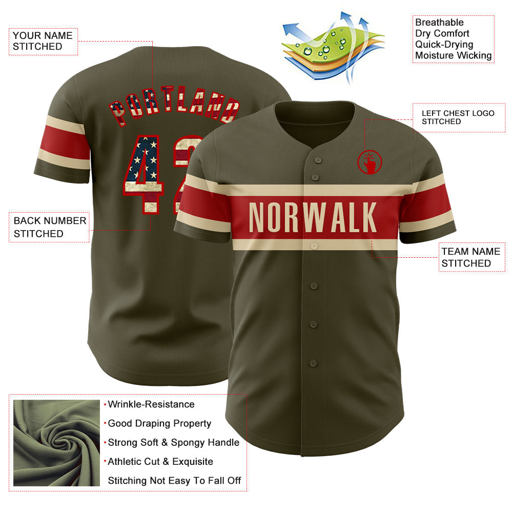 Custom Olive Vintage USA Flag Red-Cream Authentic Salute To Service Baseball Jersey baseball jersey product view 3
