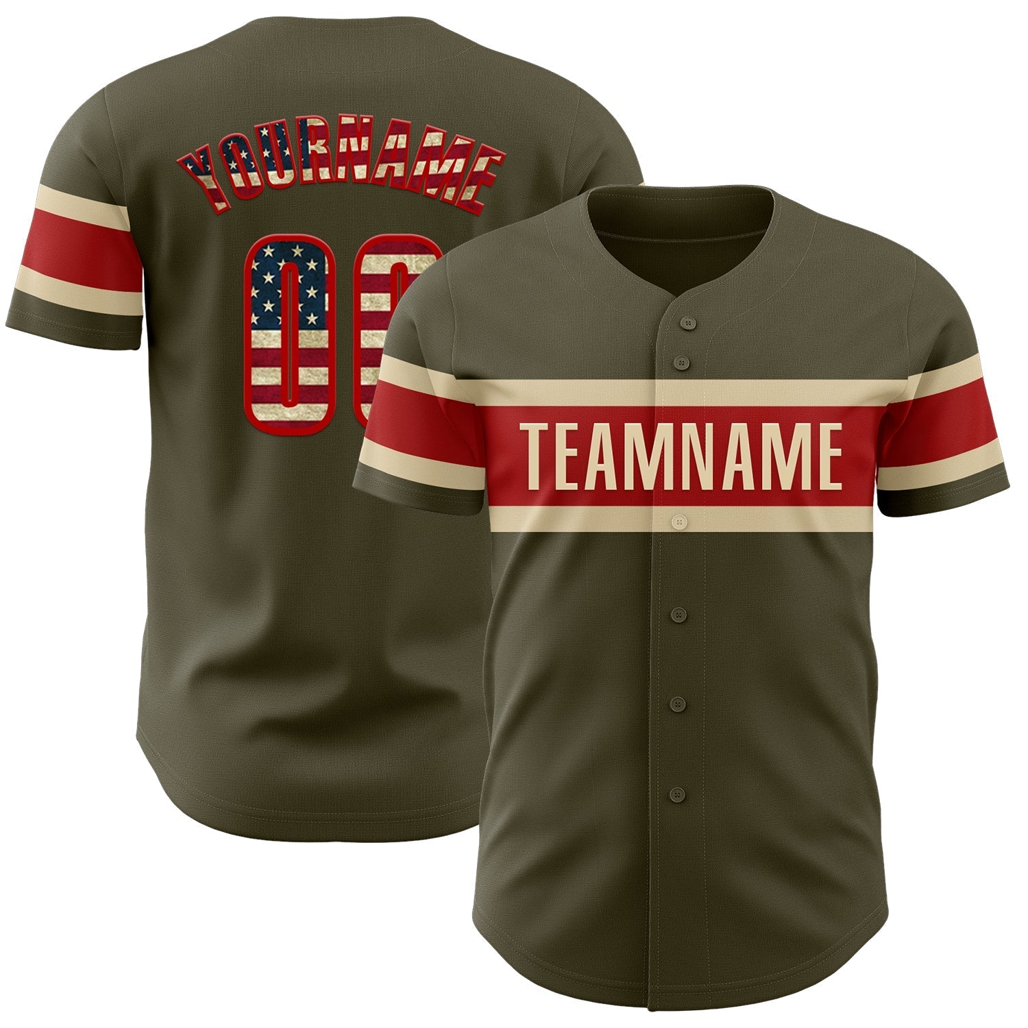 Custom Olive Vintage USA Flag Red-Cream Authentic Salute To Service Baseball Jersey baseball jersey product view 1