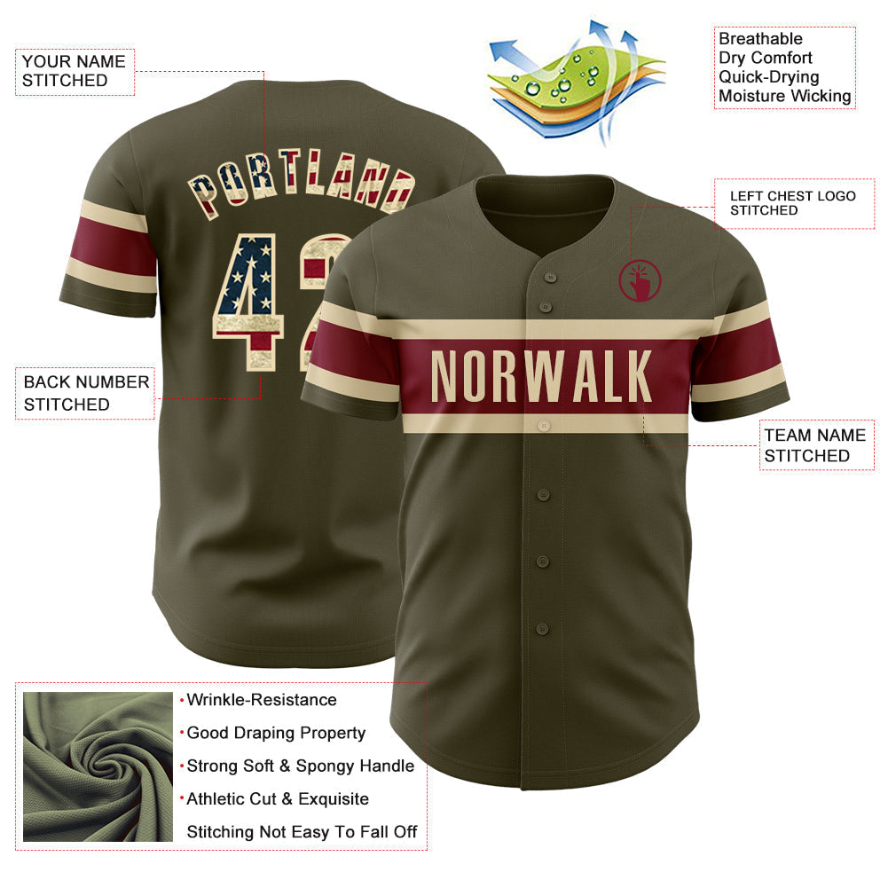 Custom Olive Vintage USA Flag Cream-Crimson Authentic Salute To Service Baseball Jersey baseball jersey product view 3