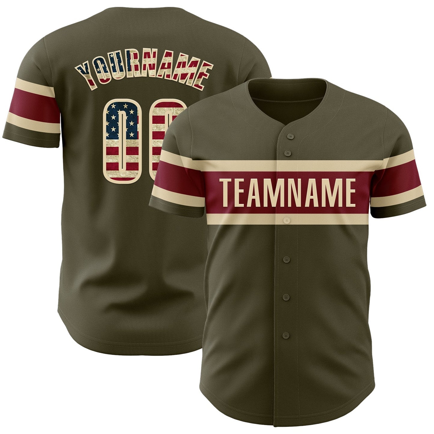 Custom Olive Vintage USA Flag Cream-Crimson Authentic Salute To Service Baseball Jersey baseball jersey product view 1