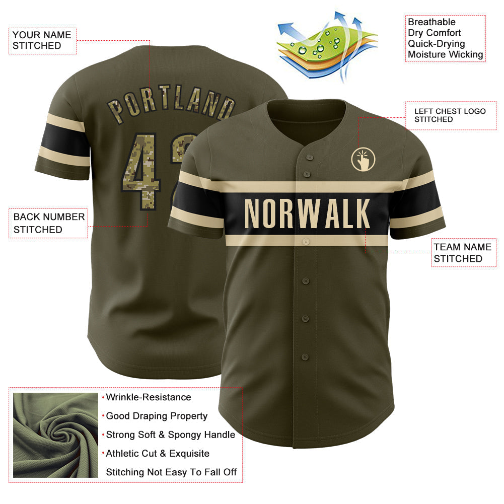 Custom Olive Camo Black-Cream Authentic Salute To Service Baseball Jersey baseball jersey product view 3