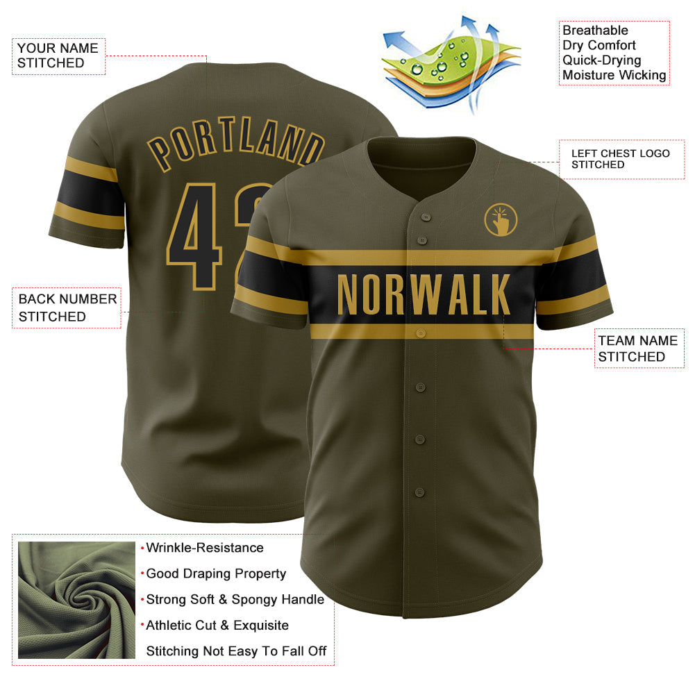 Custom Olive Black-Old Gold Authentic Salute To Service Baseball Jersey baseball jersey product view 3