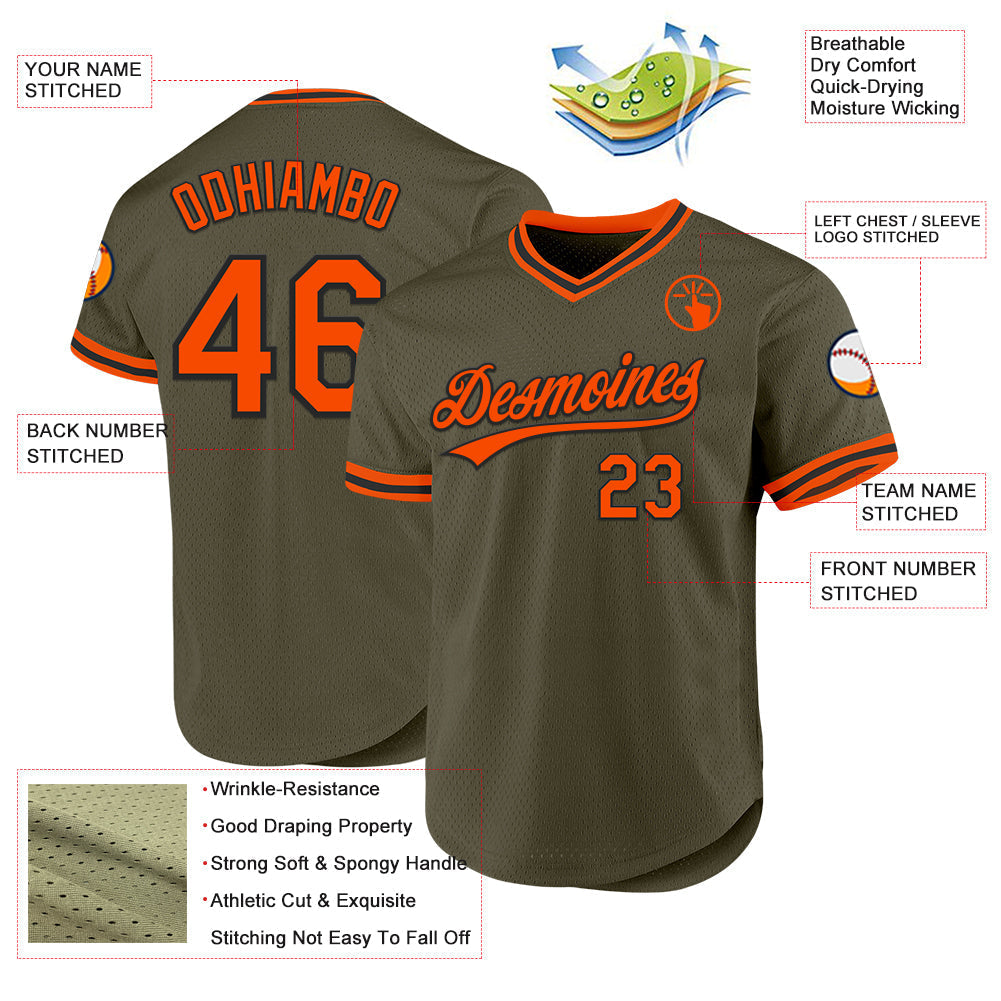 Custom Olive Orange-Black Authentic Throwback Salute To Service Baseball Jersey baseball jersey product view 3