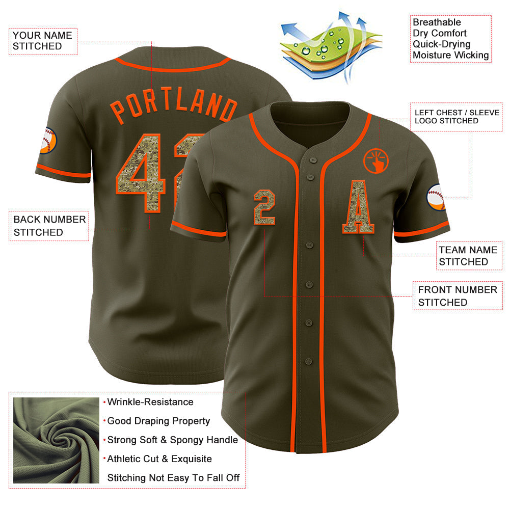 Custom Olive Camo-Orange Authentic Salute To Service Baseball Jersey baseball jersey product view 2