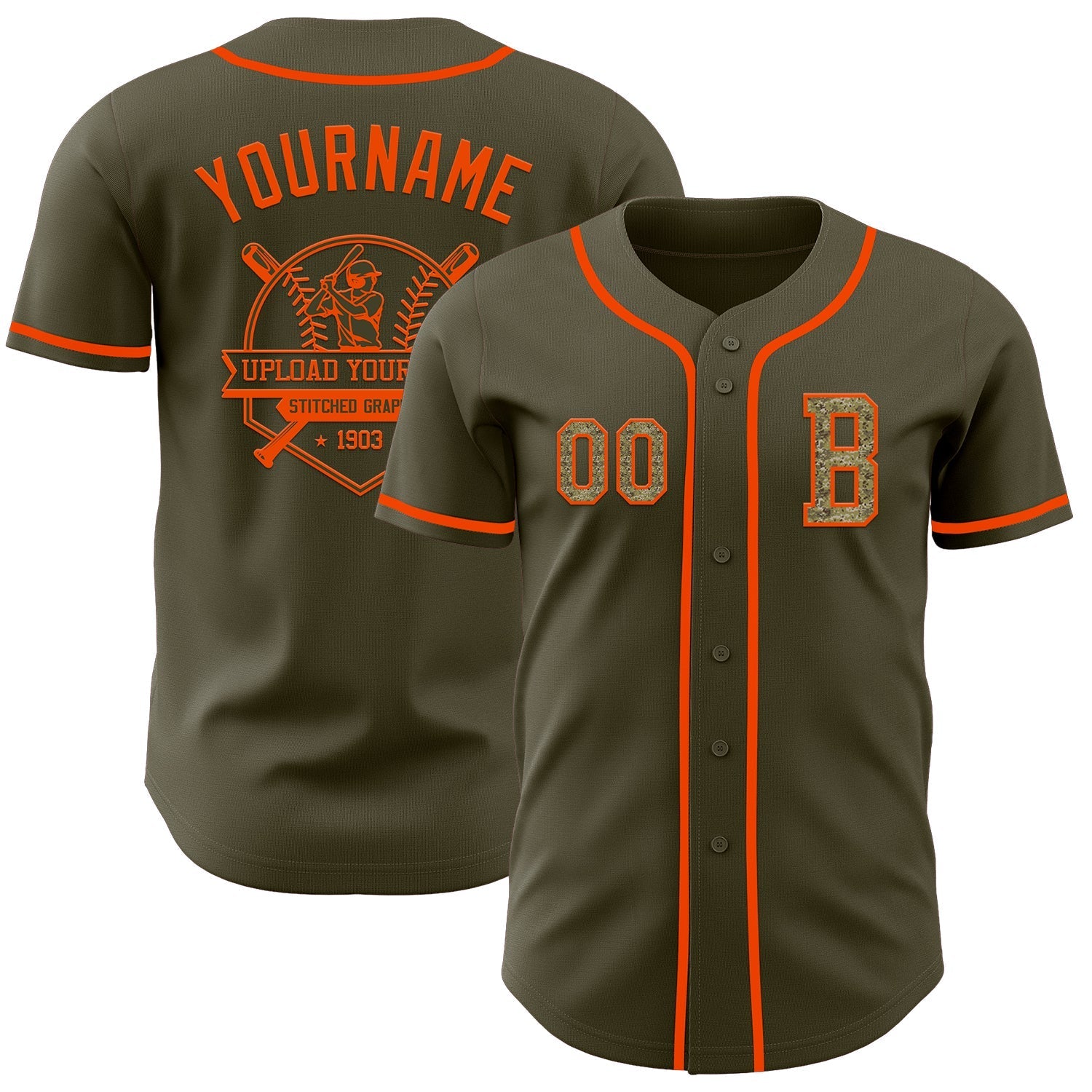 Custom Olive Camo-Orange Authentic Salute To Service Baseball Jersey baseball jersey product view 5