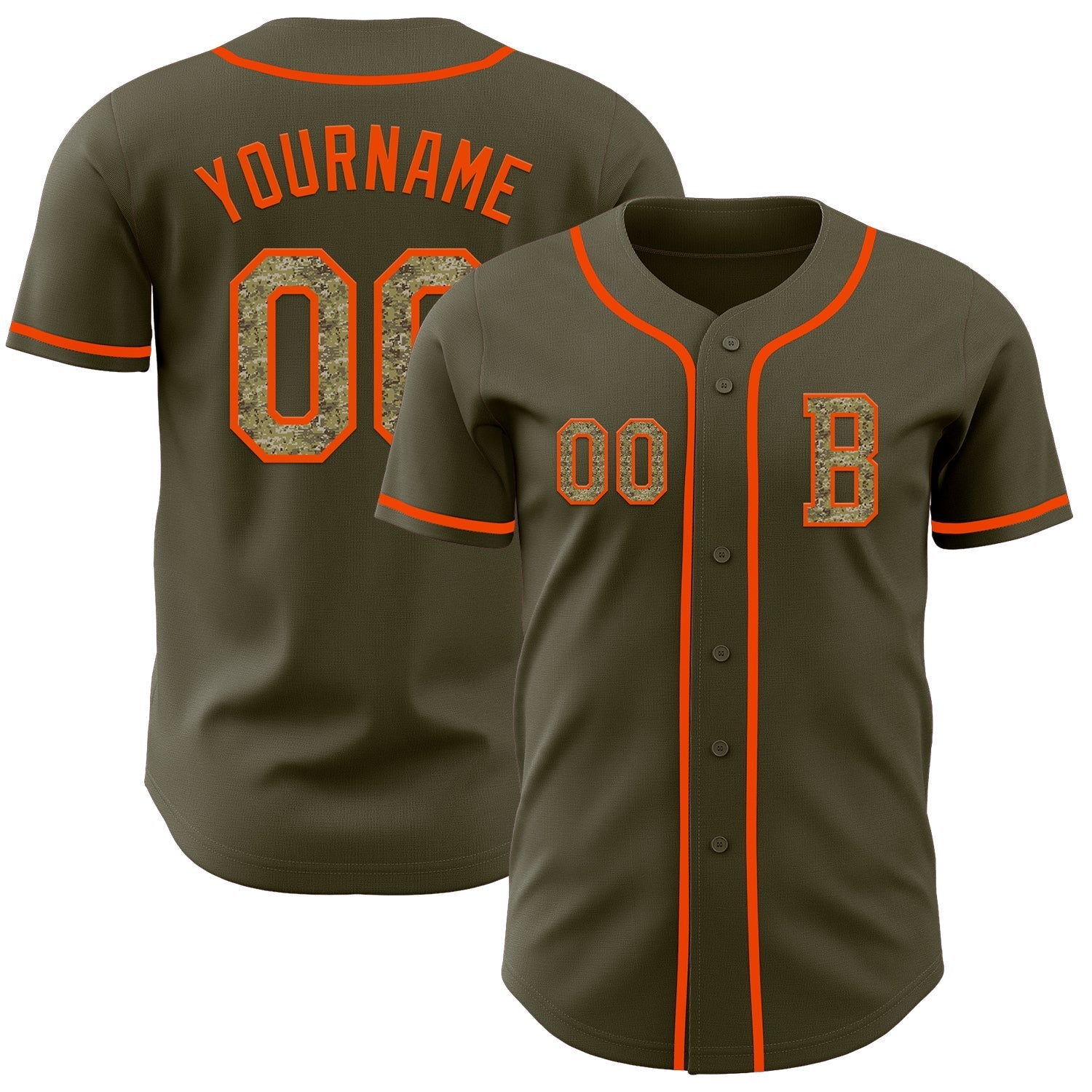 Custom Olive Camo-Orange Authentic Salute To Service Baseball Jersey baseball jersey product view 1