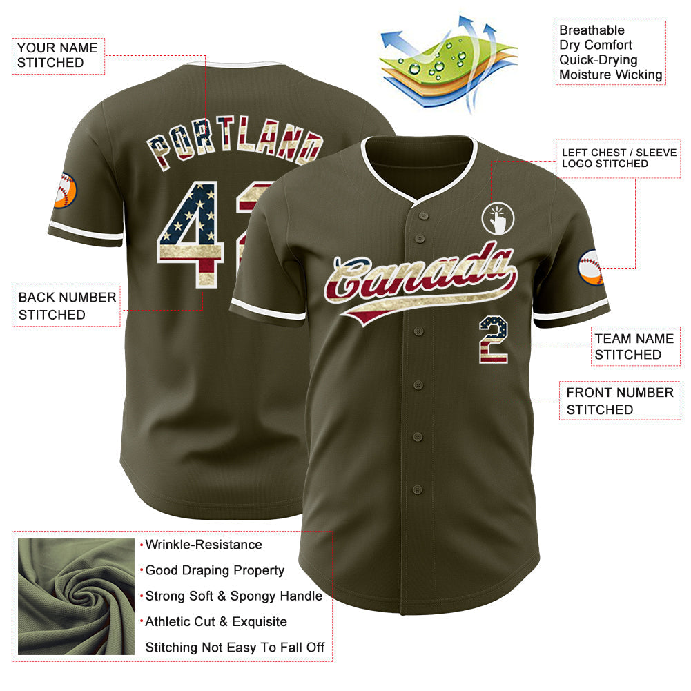 Custom Olive Vintage USA Flag-White Authentic Baseball Jersey baseball jersey product view 3