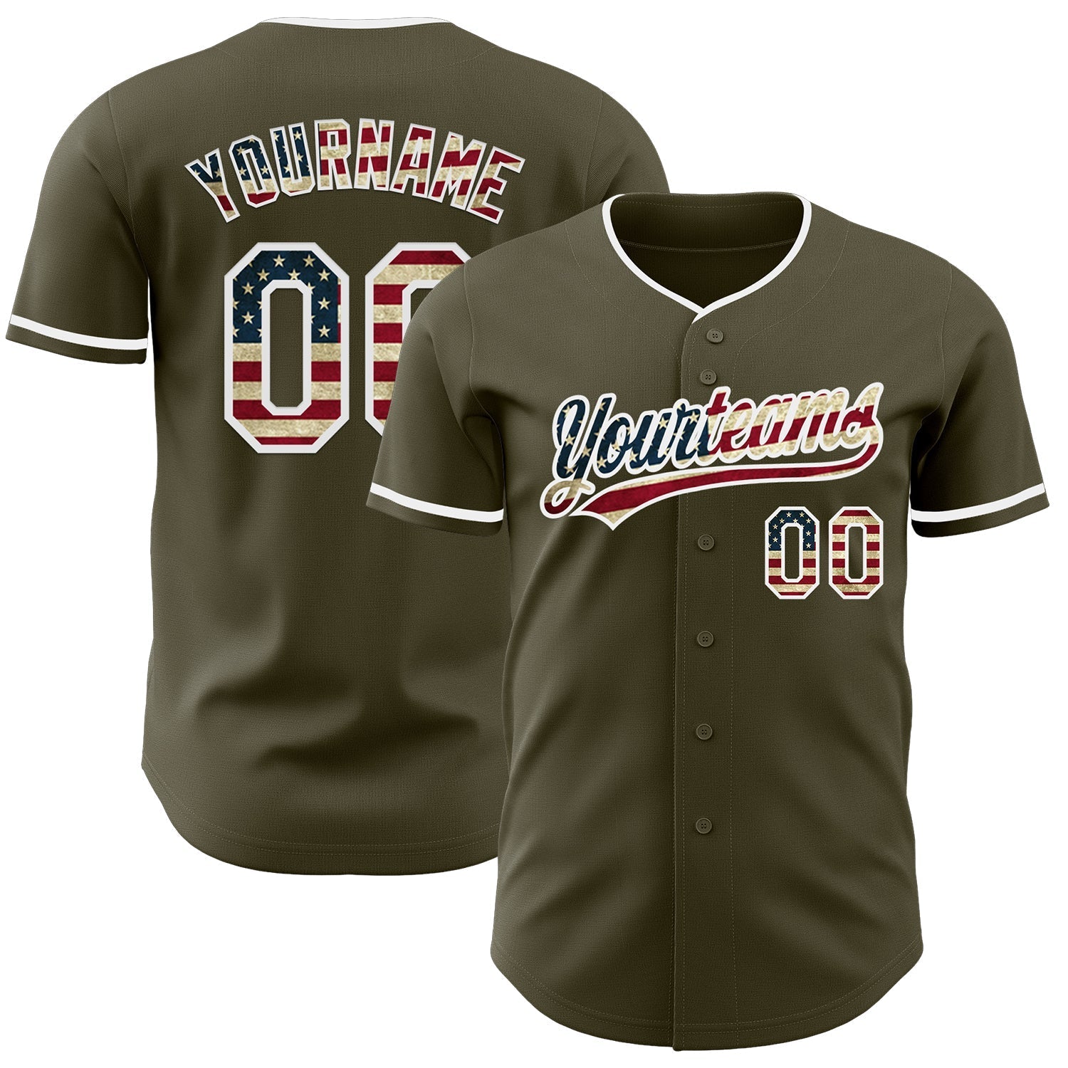 Custom Olive Vintage USA Flag-White Authentic Baseball Jersey baseball jersey product view 1