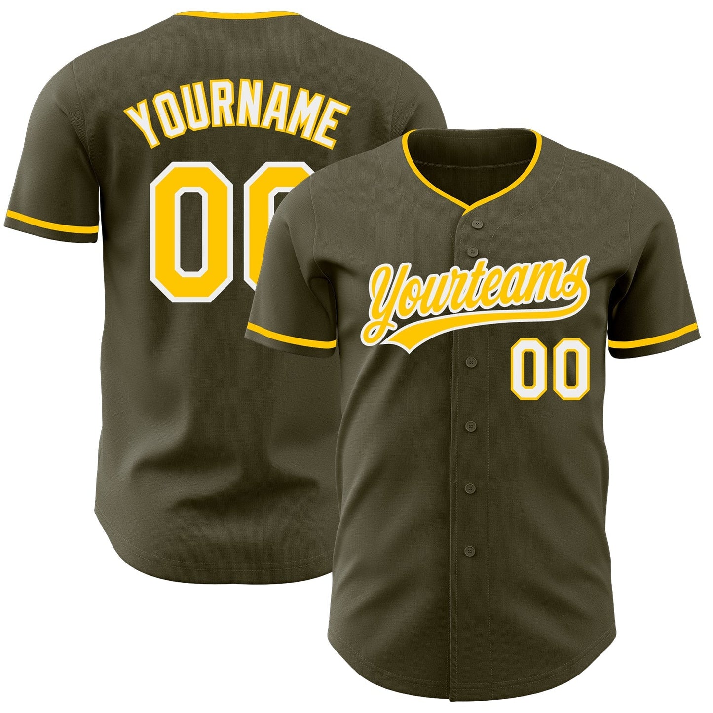 Custom Olive Yellow-White Authentic Baseball Jersey baseball jersey product view 1