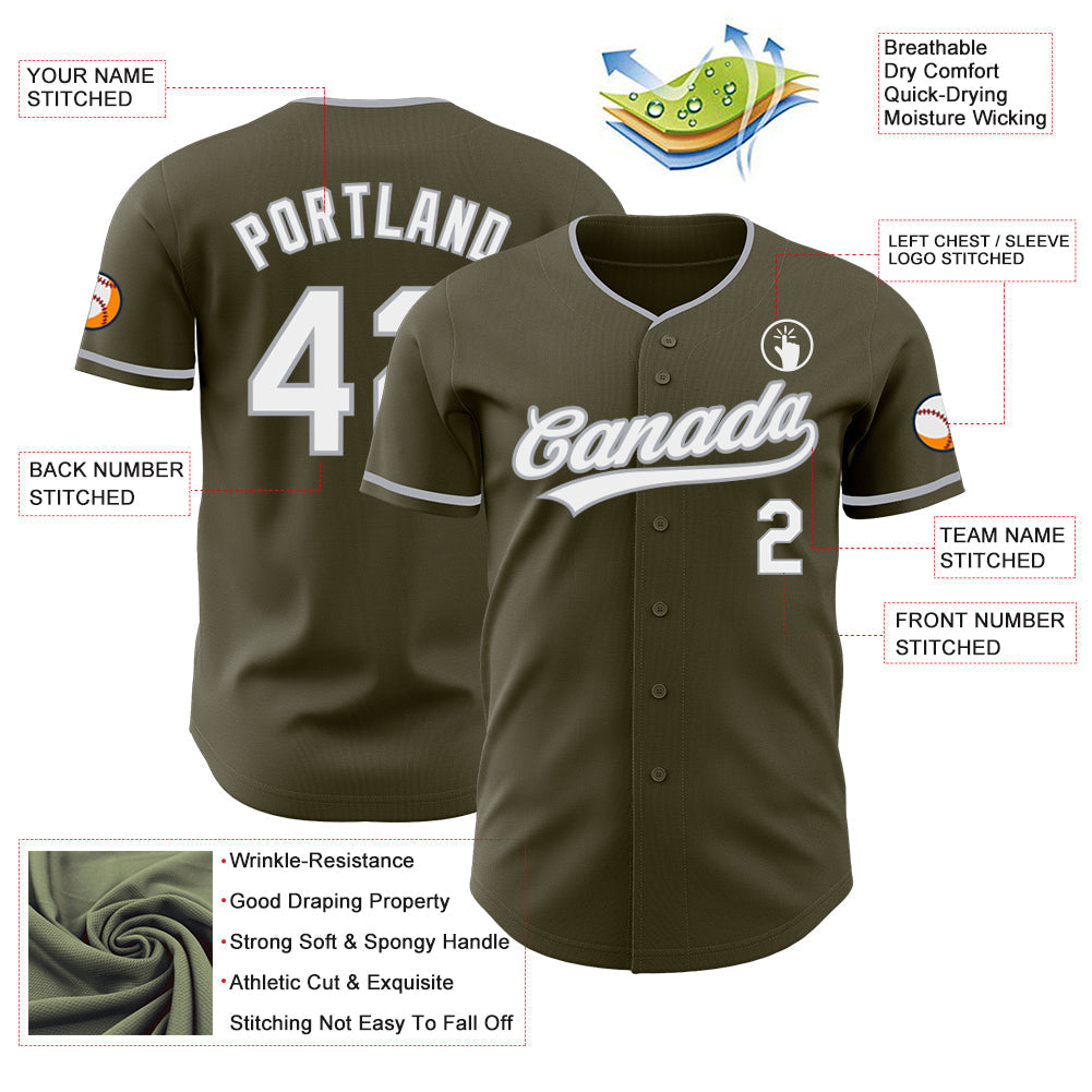 Custom Olive White-Gray Authentic Baseball Jersey baseball jersey product view 3