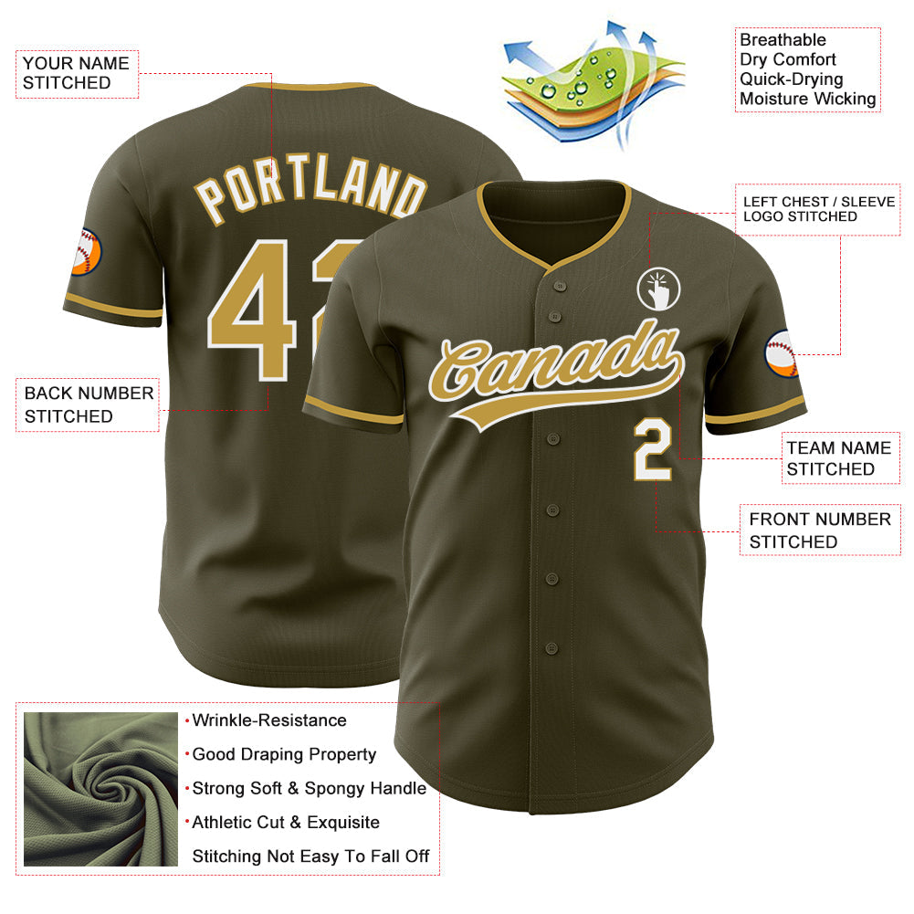 Custom Olive Old Gold-White Authentic Baseball Jersey baseball jersey product view 3
