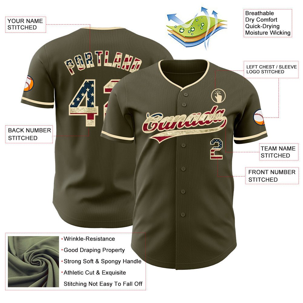 Custom Olive Vintage USA Flag-Cream Authentic Baseball Jersey baseball jersey product view 3