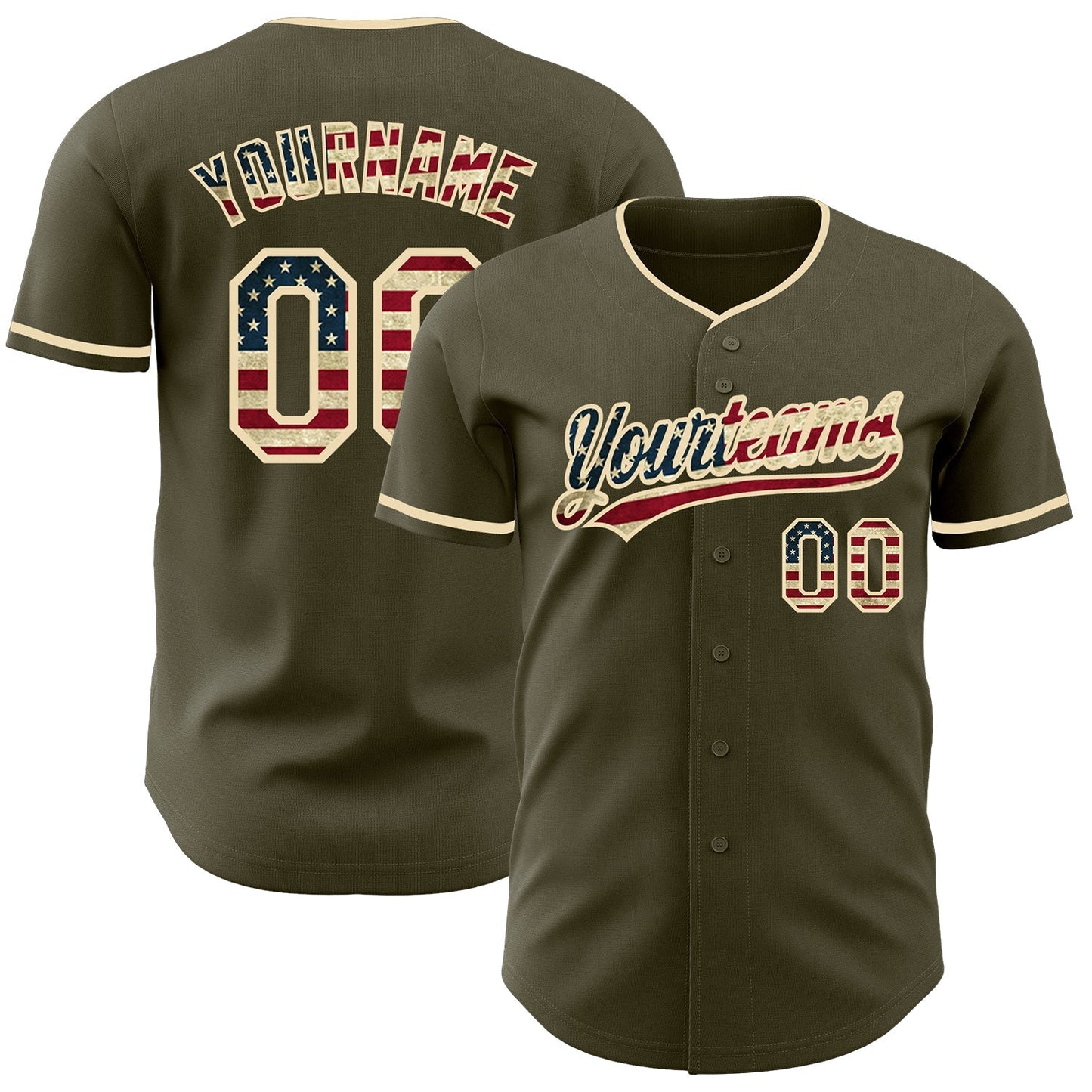 Custom Olive Vintage USA Flag-Cream Authentic Baseball Jersey baseball jersey product view 1