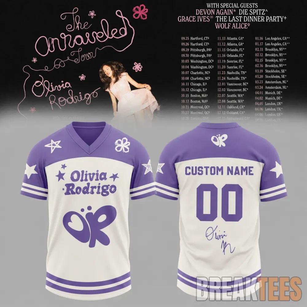 Olivia Rodrigo The Unraveled Tour 2026 Custom Football Jersey Unisex T-shirt, Sweatshirt, Hoodie, Long Sleeve Tee - T-Shirt, Sweatshirt, Hoodie