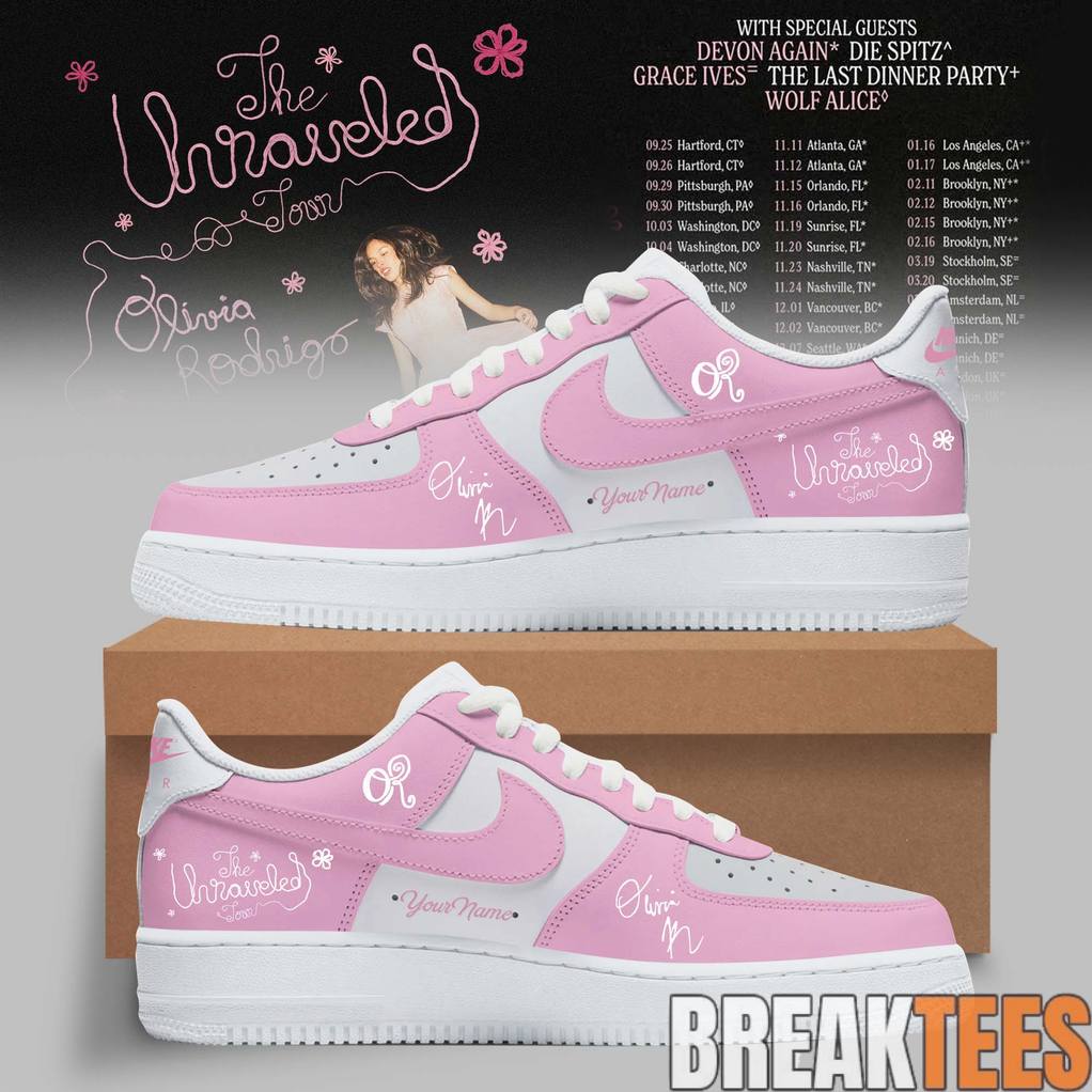 Olivia Rodrigo The Unraveled Tour 2026 Soft Chaos Custom Air Force 1 Unisex T-shirt, Sweatshirt, Hoodie, Long Sleeve Tee - T-Shirt, Sweatshirt, Hoodie
