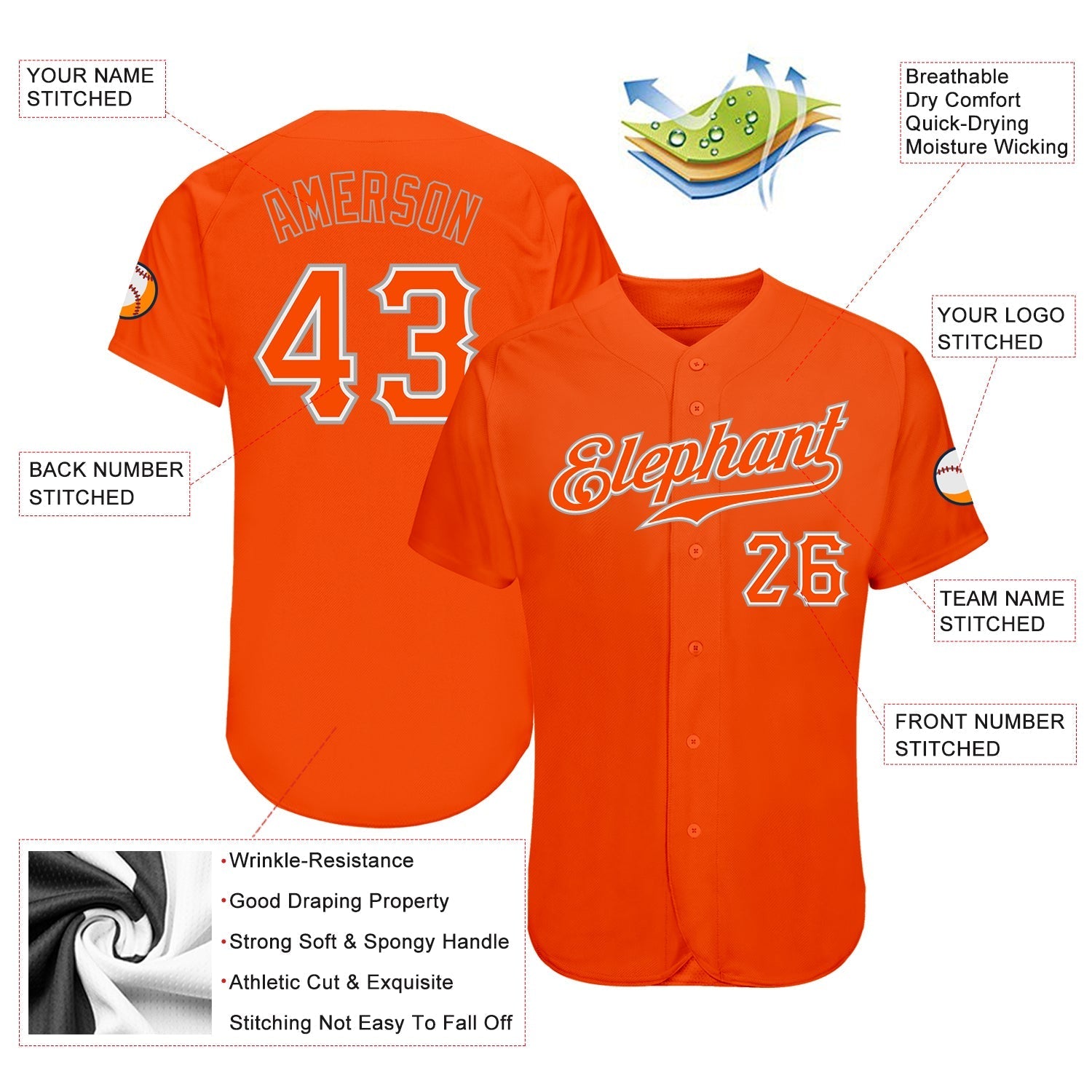 Custom Orange Orange-Gray Authentic Baseball Jersey baseball jersey product view 4