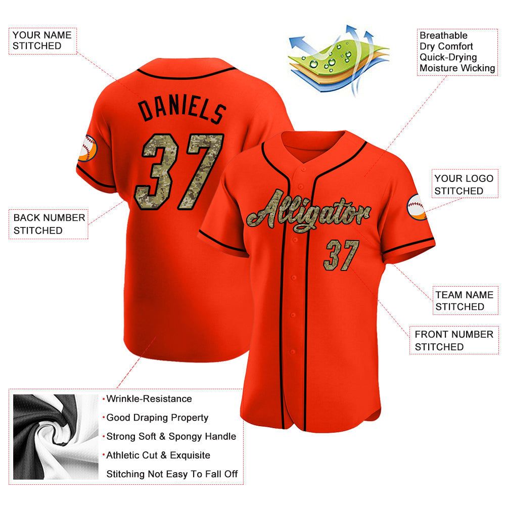 Custom Orange Camo-Black Authentic Baseball Jersey baseball jersey product view 3
