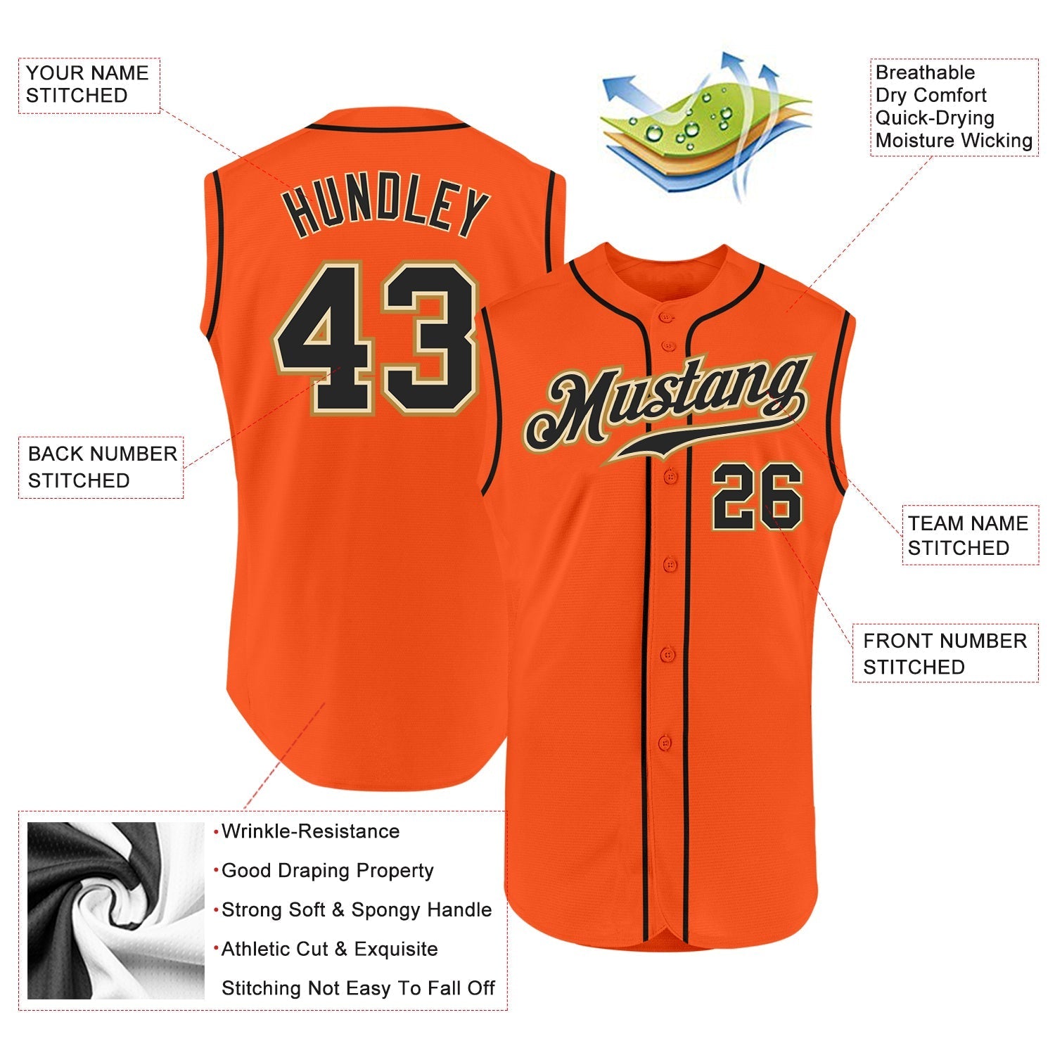 Custom Orange Black-Cream Authentic Sleeveless Baseball Jersey baseball jersey product view 2