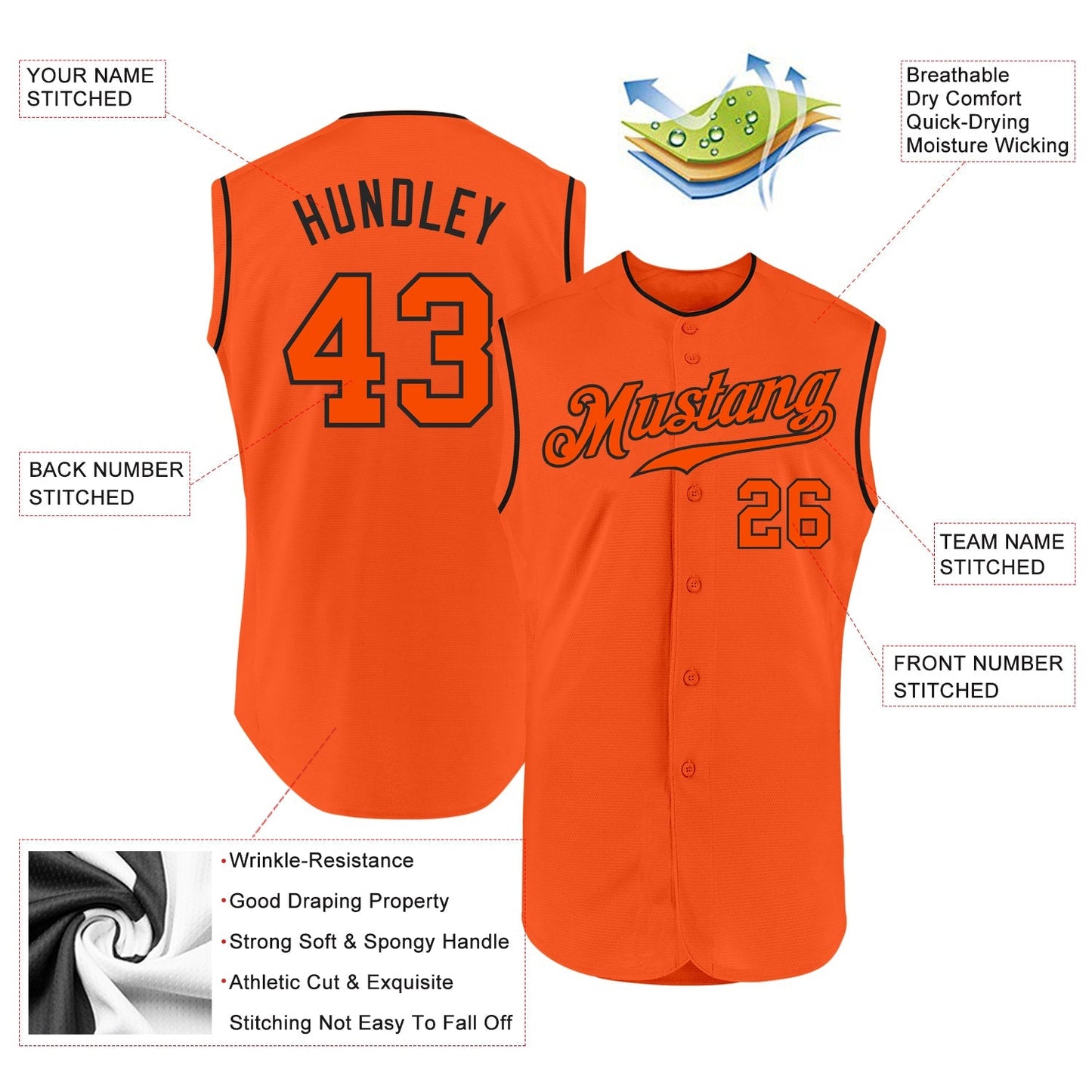 Custom Orange Orange-Black Authentic Sleeveless Baseball Jersey baseball jersey product view 2
