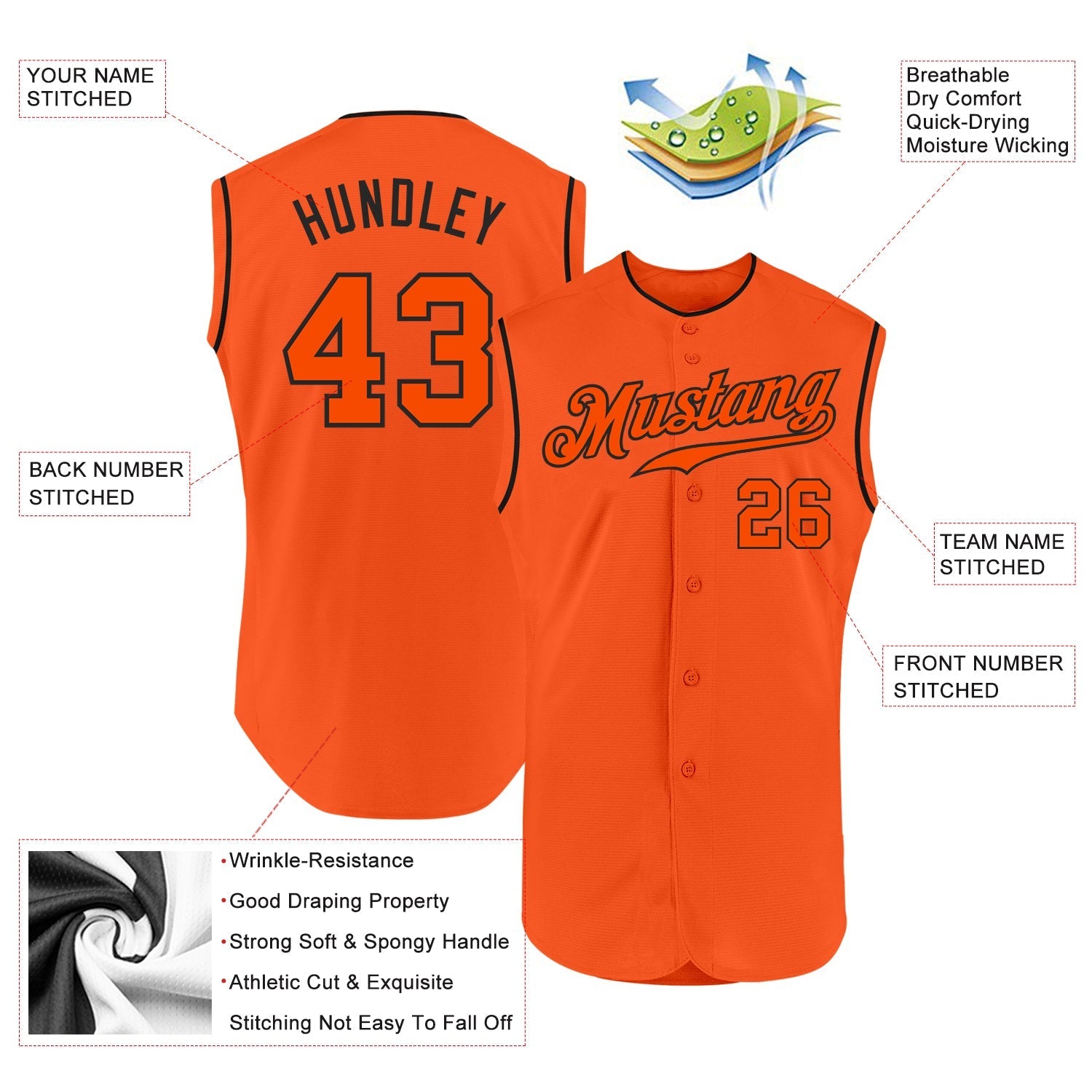 Custom Orange Orange-Black Authentic Sleeveless Baseball Jersey baseball jersey product view 2
