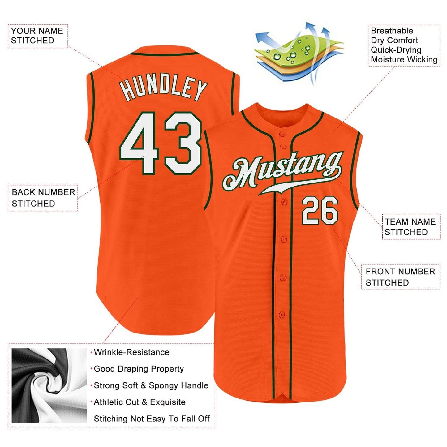 Custom Orange White-Green Authentic Sleeveless Baseball Jersey baseball jersey product view 2