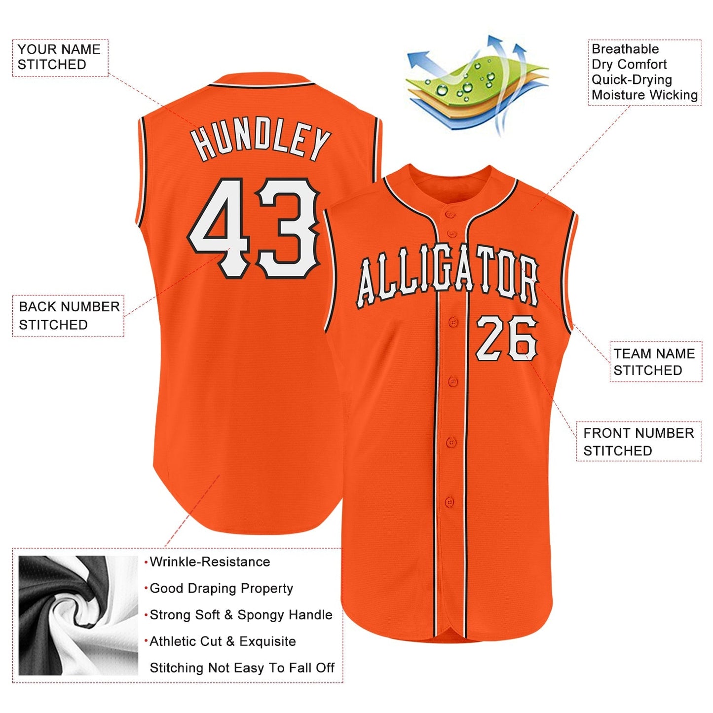 Custom Orange White-Black Authentic Sleeveless Baseball Jersey baseball jersey product view 2