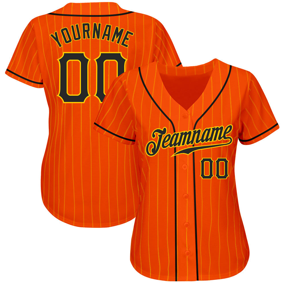 Custom Orange Gold Pinstripe Black-Gold Authentic Baseball Jersey baseball jersey product view 2