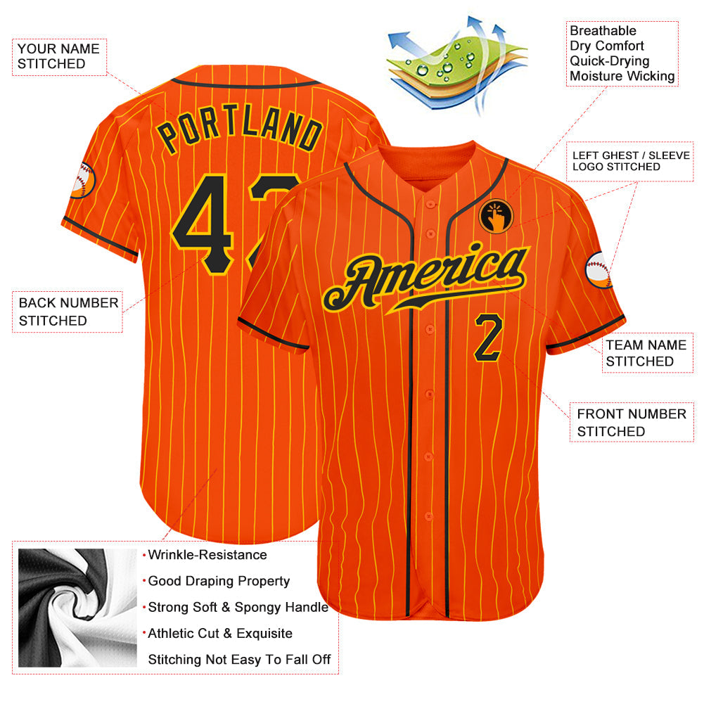 Custom Orange Gold Pinstripe Black-Gold Authentic Baseball Jersey baseball jersey product view 3