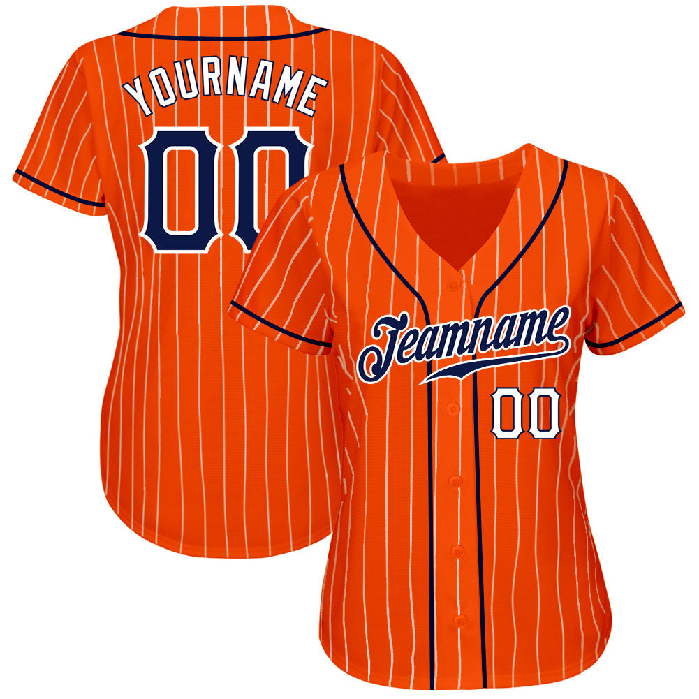 Custom Orange White Pinstripe Navy-White Authentic Baseball Jersey baseball jersey product view 2