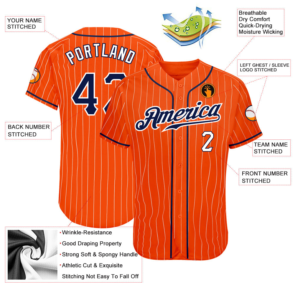Custom Orange White Pinstripe Navy-White Authentic Baseball Jersey baseball jersey product view 3