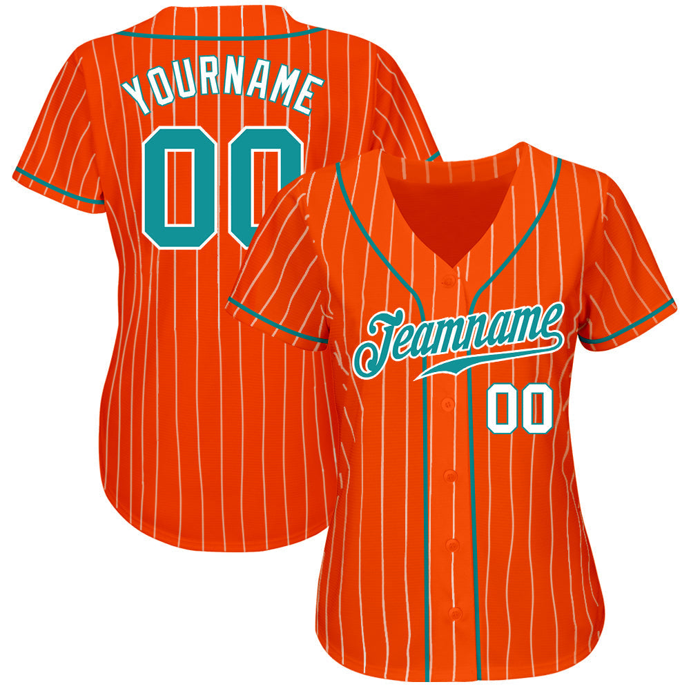 Custom Orange White Pinstripe Teal-White Authentic Baseball Jersey baseball jersey product view 2