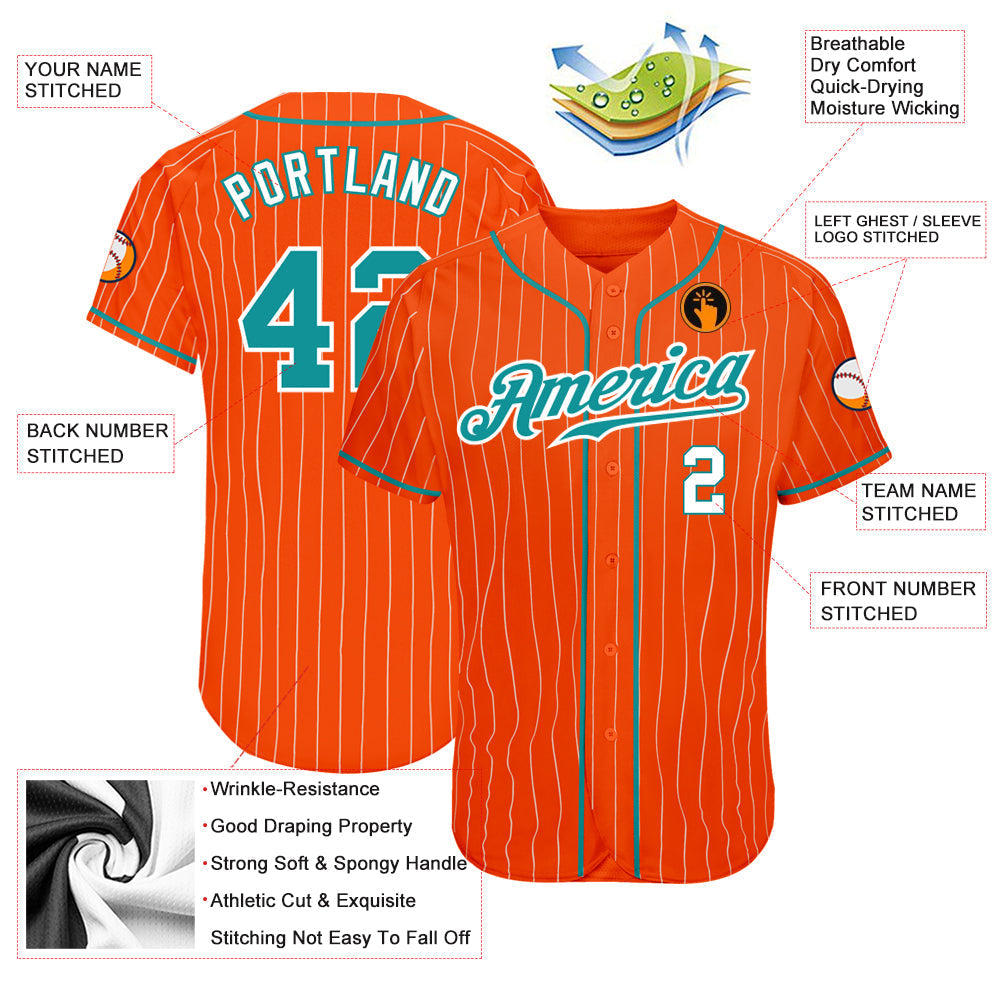 Custom Orange White Pinstripe Teal-White Authentic Baseball Jersey baseball jersey product view 3