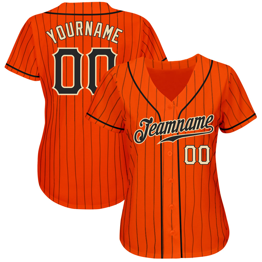 Custom Orange Black Pinstripe Black-Cream Authentic Baseball Jersey baseball jersey product view 2