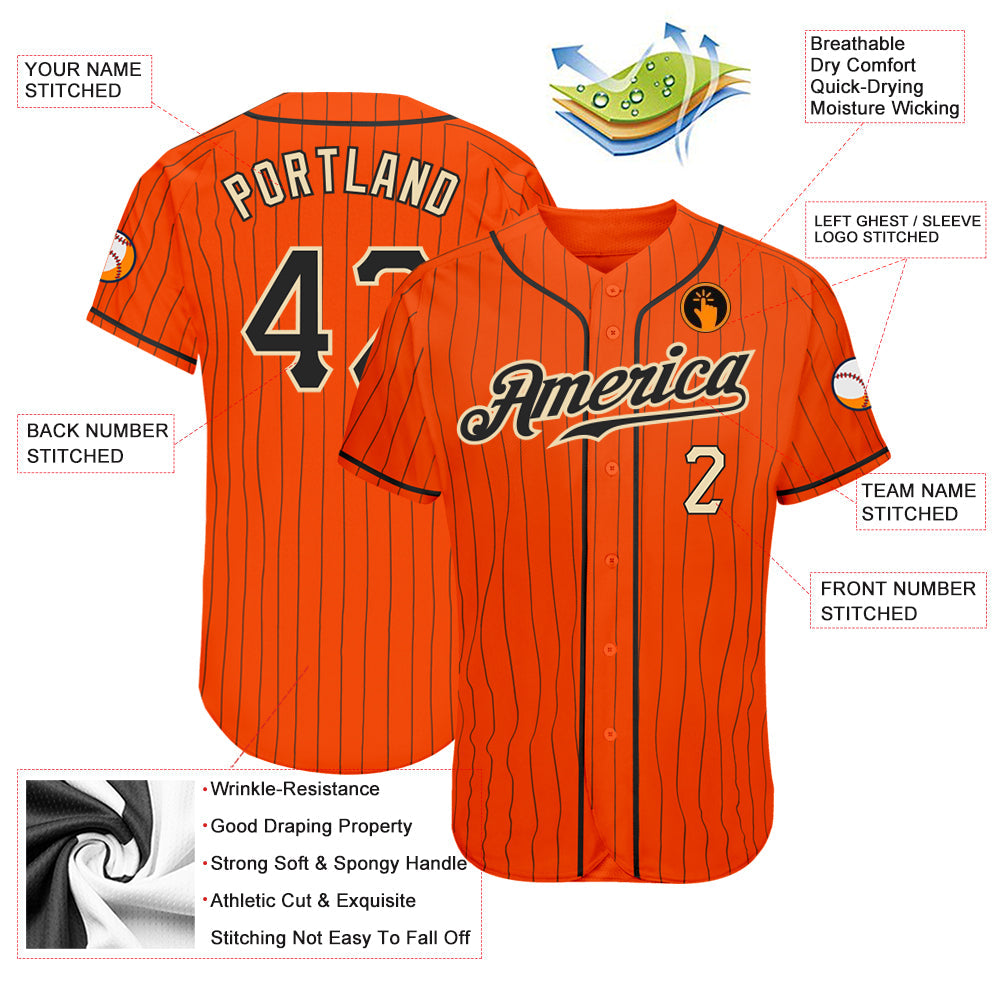 Custom Orange Black Pinstripe Black-Cream Authentic Baseball Jersey baseball jersey product view 3