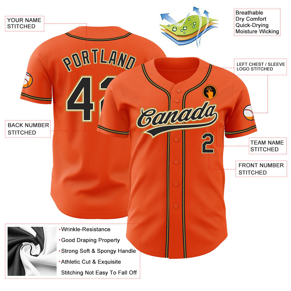 Custom Orange Black Cream-Old Gold Authentic Baseball Jersey baseball jersey product view 3